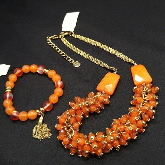 Talbots Orange Beaded Necklace Bracelet Set, Two Gemstone Beads on Necklace, NWT - Picture 3 of 8